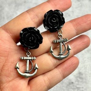 Rose & Anchor Plugs for Stretched Ears, Gauges Jewelry Earrings